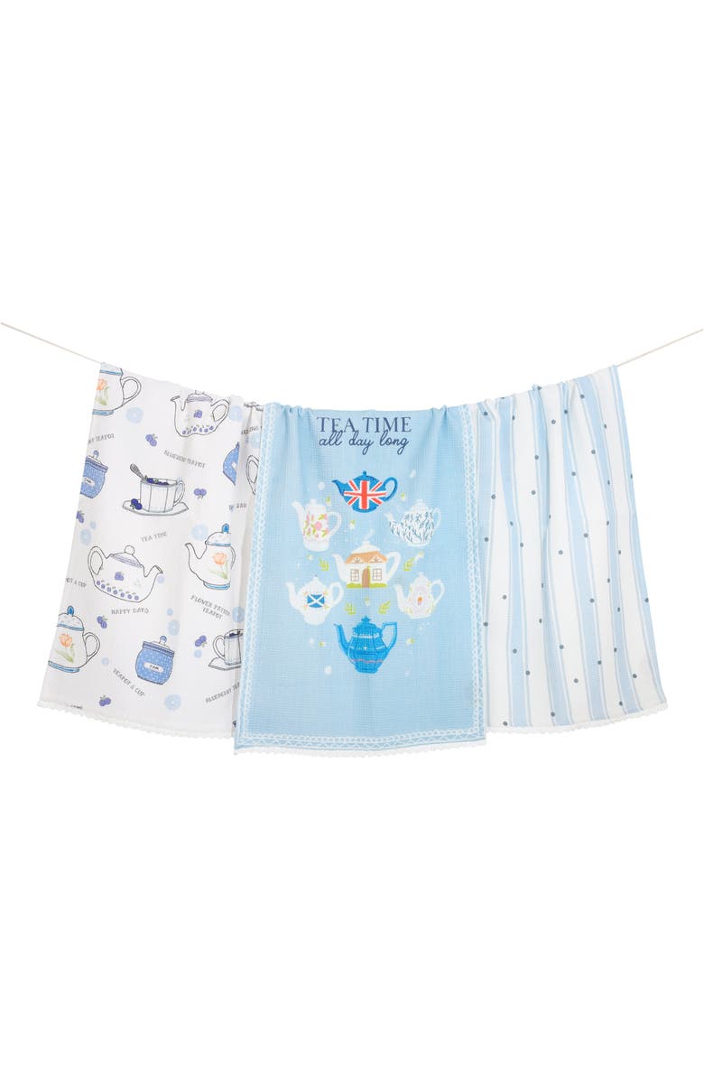 Tiramisu Set of Three English Tea Time Cottage Kitchen Towels, Main, color, Light Blue/ White