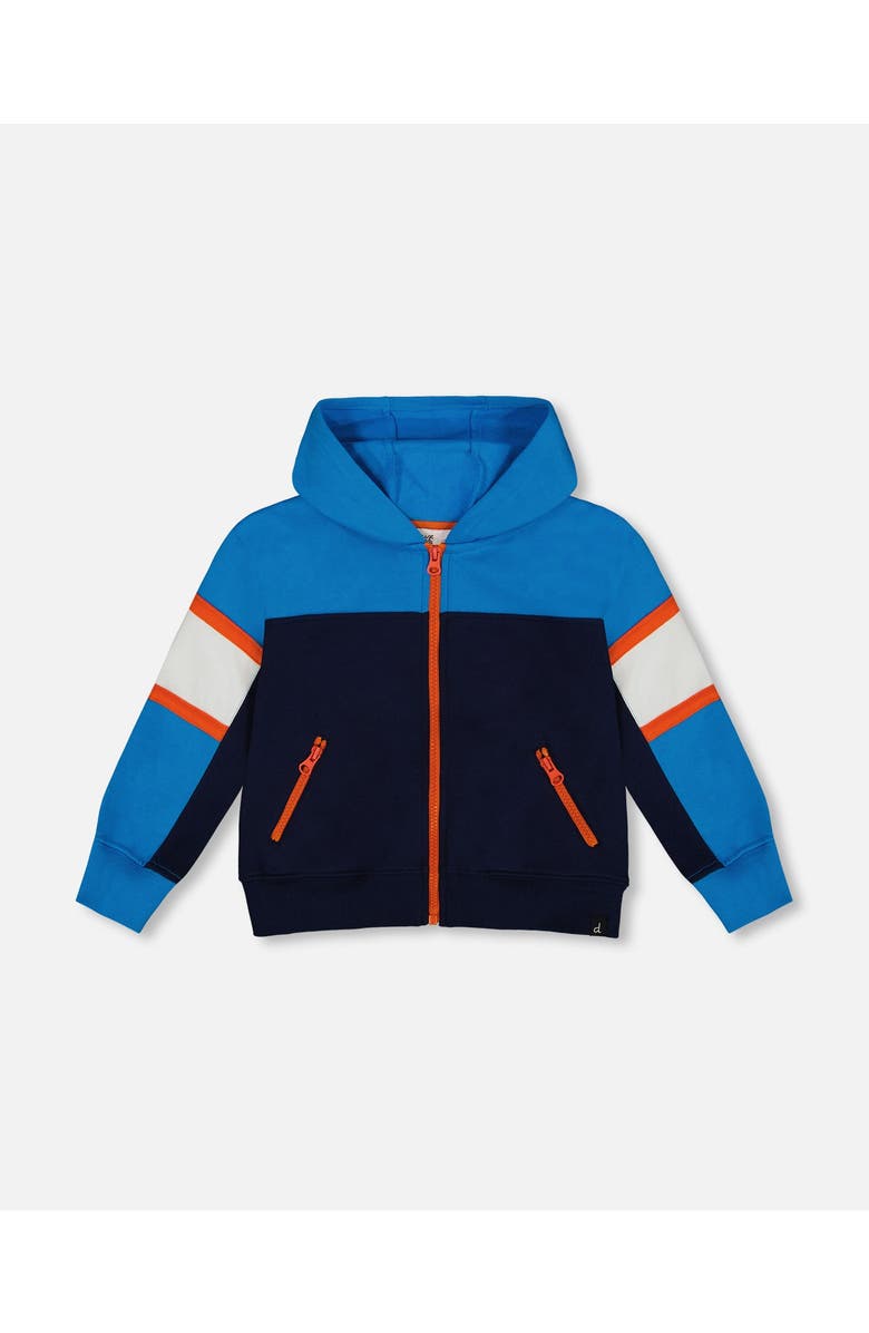 Deux par Deux Little Boy's Full Zip Colorblock Hooded Fleece Sweatshirt Navy, Main, color, 