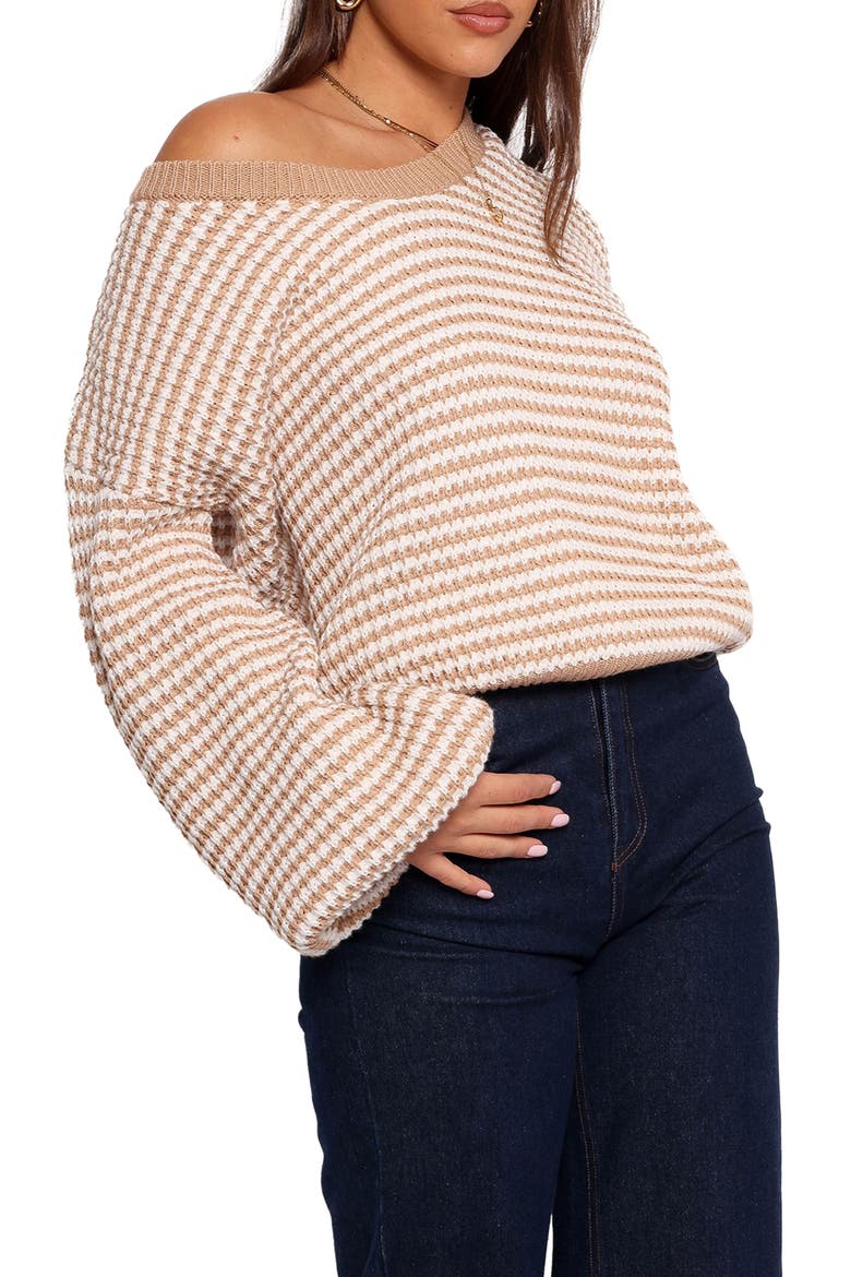 Becca Stripe One-Shoulder Sweater, Alternate, color, TAN