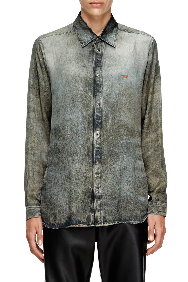 S-Simply-Lkct Denim Print Button-Up Shirt, Main, color, BLACK/ DENIM