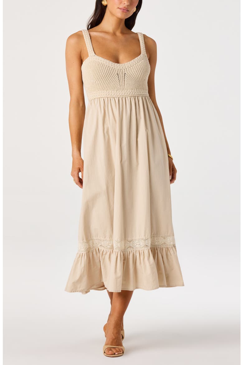 Jacquelin Mixed Media Back Cutout Midi Dress, Main, color, NATURAL