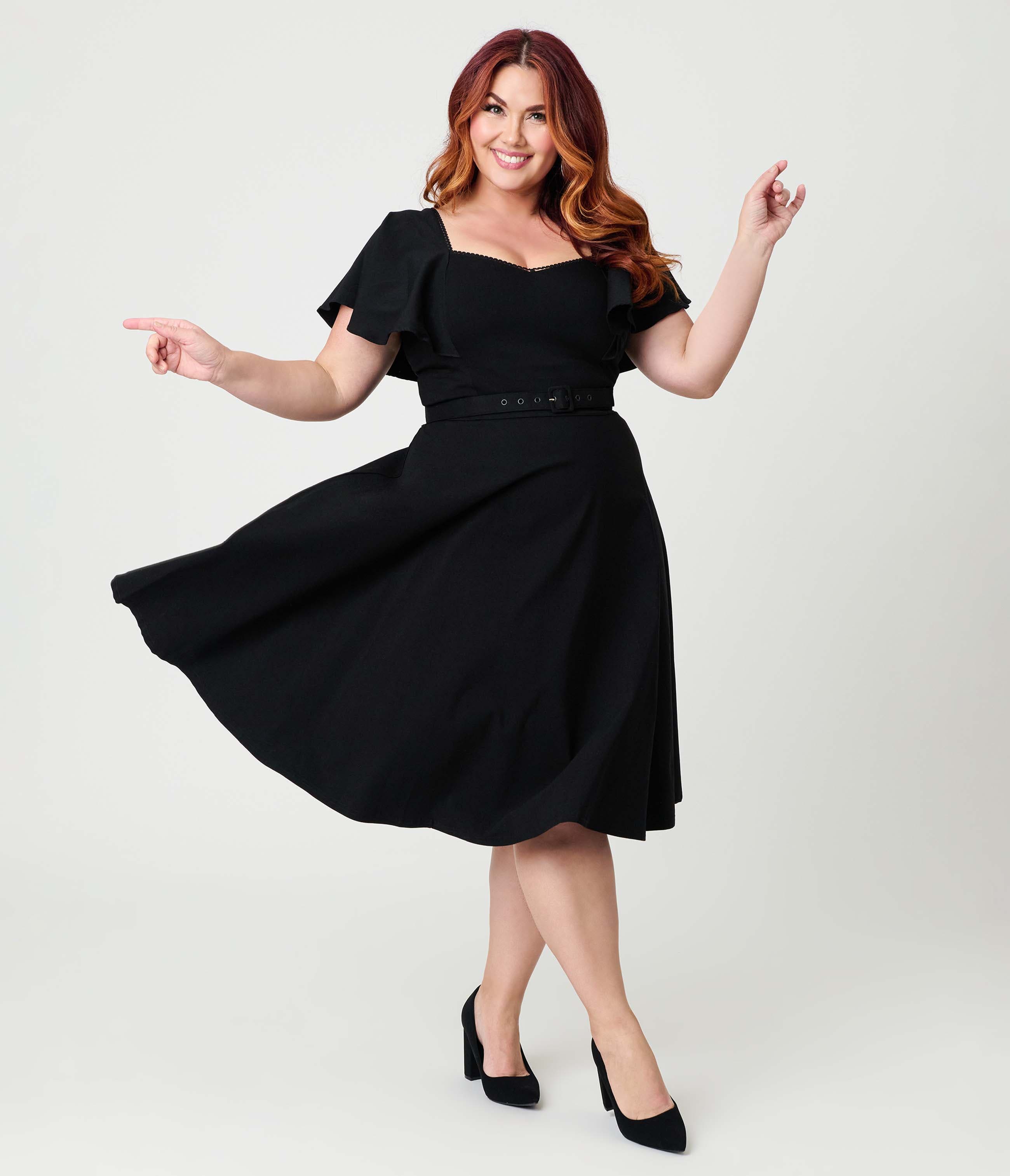 Plus Size Flutter Sleeve Belted Swing Dress
