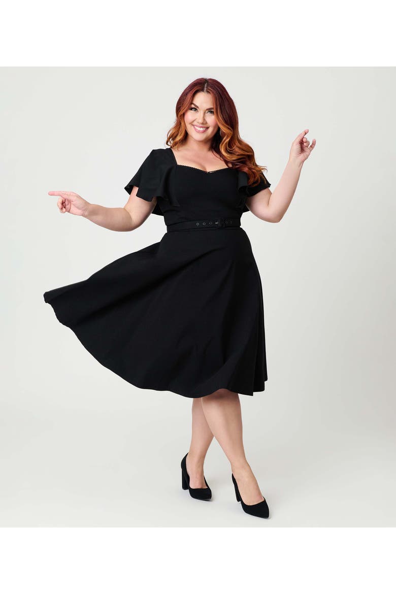 Plus Size Flutter Sleeve Belted Swing Dress, Main, color, Solid Black