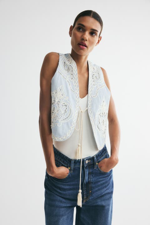 Linen-blend Vest With Eyelet Embroidery