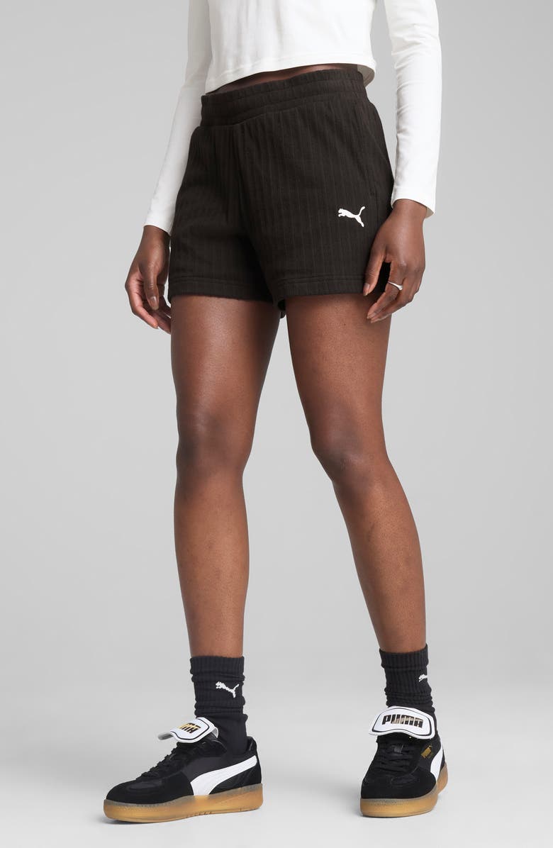 PUMA Wardrobe Essentials Stripe Cotton Blend Shorts, Main, color, Puma Black