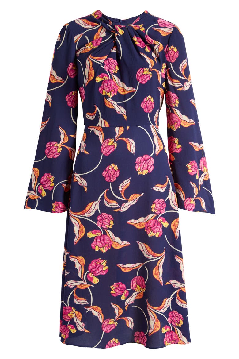 Floral Twist Neck Long Sleeve Midi Dress, Alternate, color, NAVY/ WINE