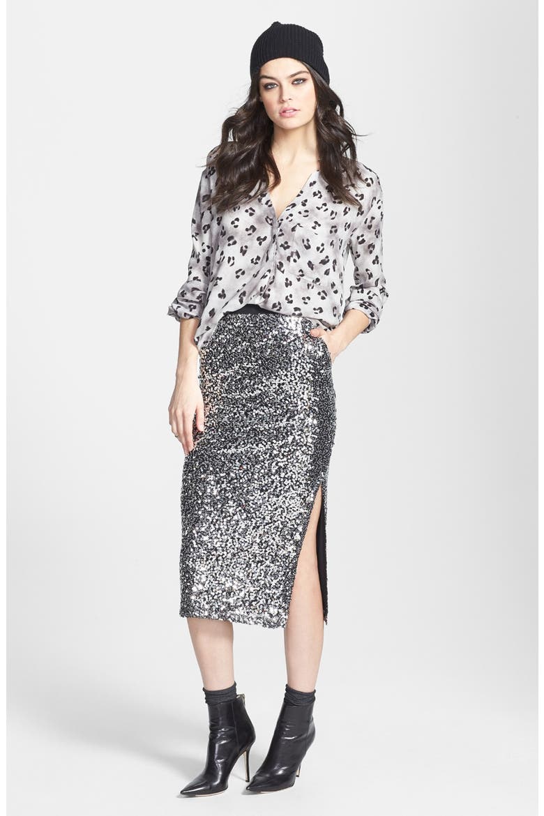 Sequin Midi Skirt, Alternate, color, SILVER