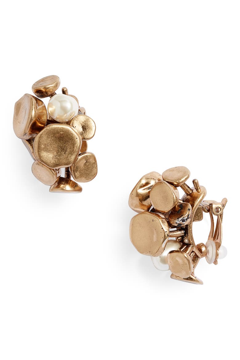 Brutalist Cluster Clip-On Earrings, Main, color, ANTIQUE LIGHT BRASS