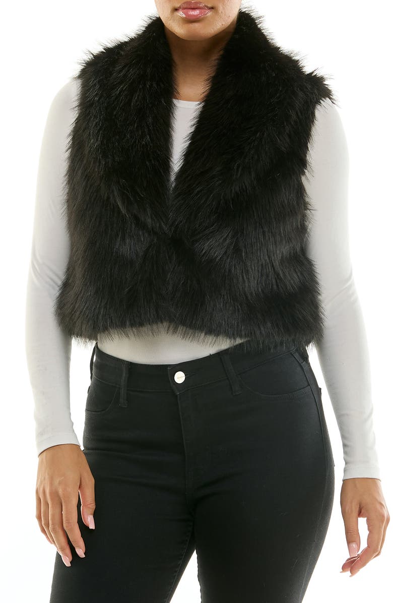 Nina Leonard Cropped Collared Faux Fur Vest, Main, color, Black