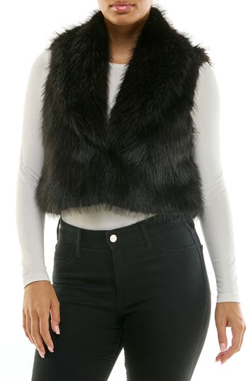 Nina Leonard Cropped Collared Faux Fur Vest In Black