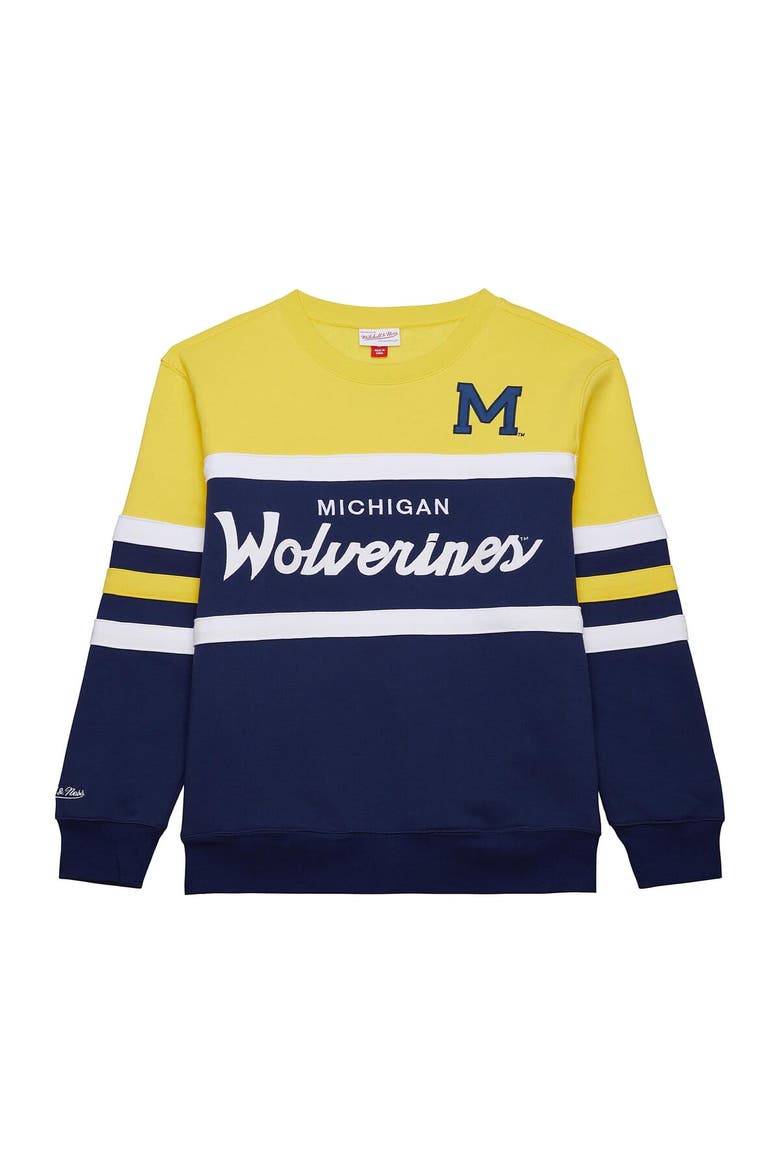 Men's Mitchell & Ness  Navy Michigan Wolverines Vintage Logo Head Coach Fleece Pullover Sweatshirt, Alternate, color, Navy