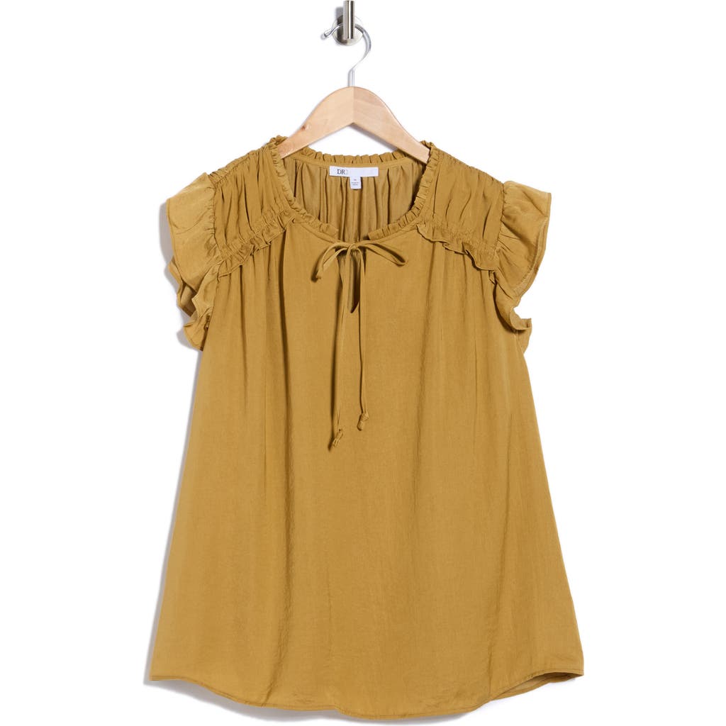 Dr2 By Daniel Rainn Satin Ruffle Split Neck Top In Yellow