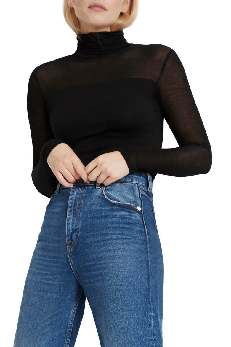 Sheer Panel Turtleneck Top, Main, color, BLACK