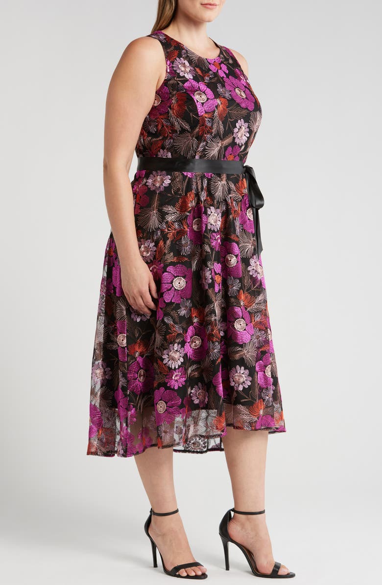 Tahari ASL Floral Embroidery Sleeveless Midi Dress, Alternate, color, 