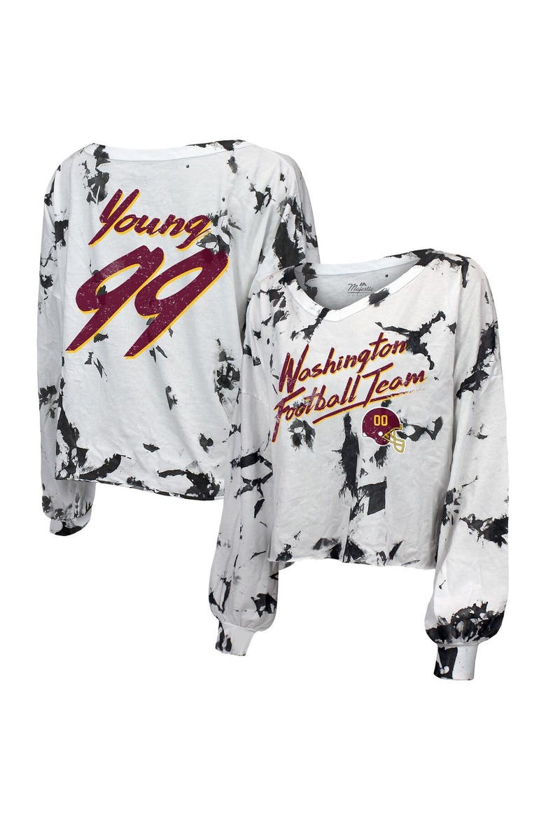 Women's Majestic Threads Chase Young White Washington Commanders Off-Shoulder Tie-Dye Name & Number Long Sleeve V-Neck Crop-Top T-Shirt, Main, color, White