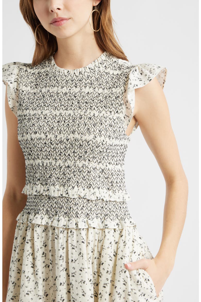 Smocked Bodice Tie Back Cotton Midi Dress, Alternate, color, IVORY- BLACK WALLPAPER DITSY