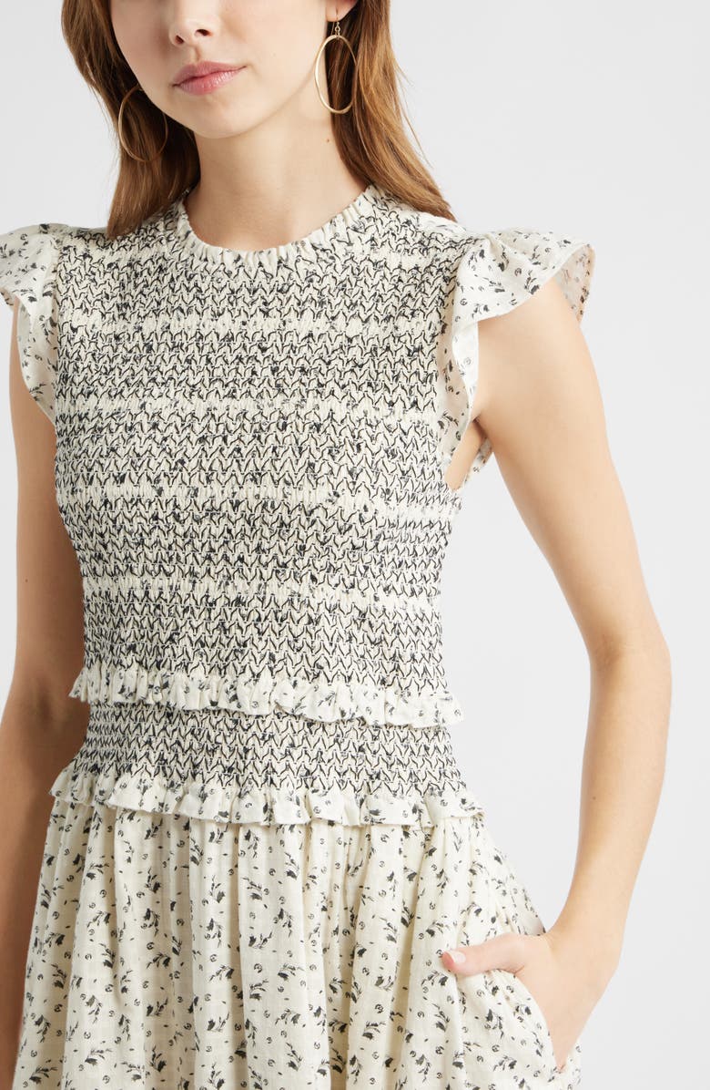 Treasure & Bond Smocked Bodice Tie Back Cotton Midi Dress, Alternate, color, Ivory- Black Wallpaper Ditsy