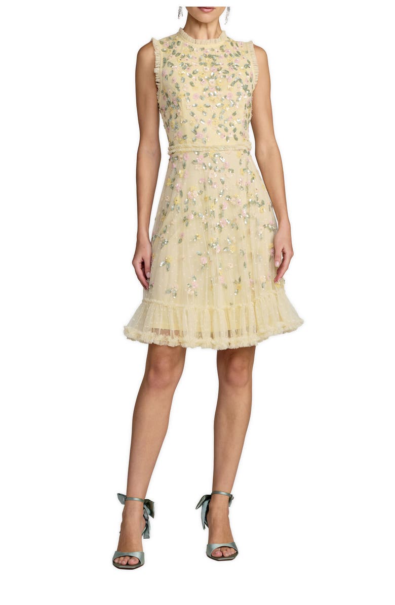 Mac Duggal Sleeveless Floral Beaded Mock Neck Tulle Mini Dress, Main, color, Lemon