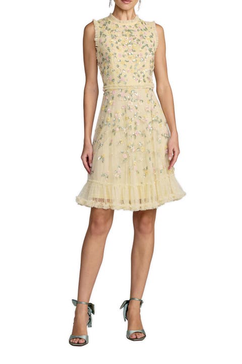 Sleeveless Floral Beaded Mock Neck Tulle Mini Dress