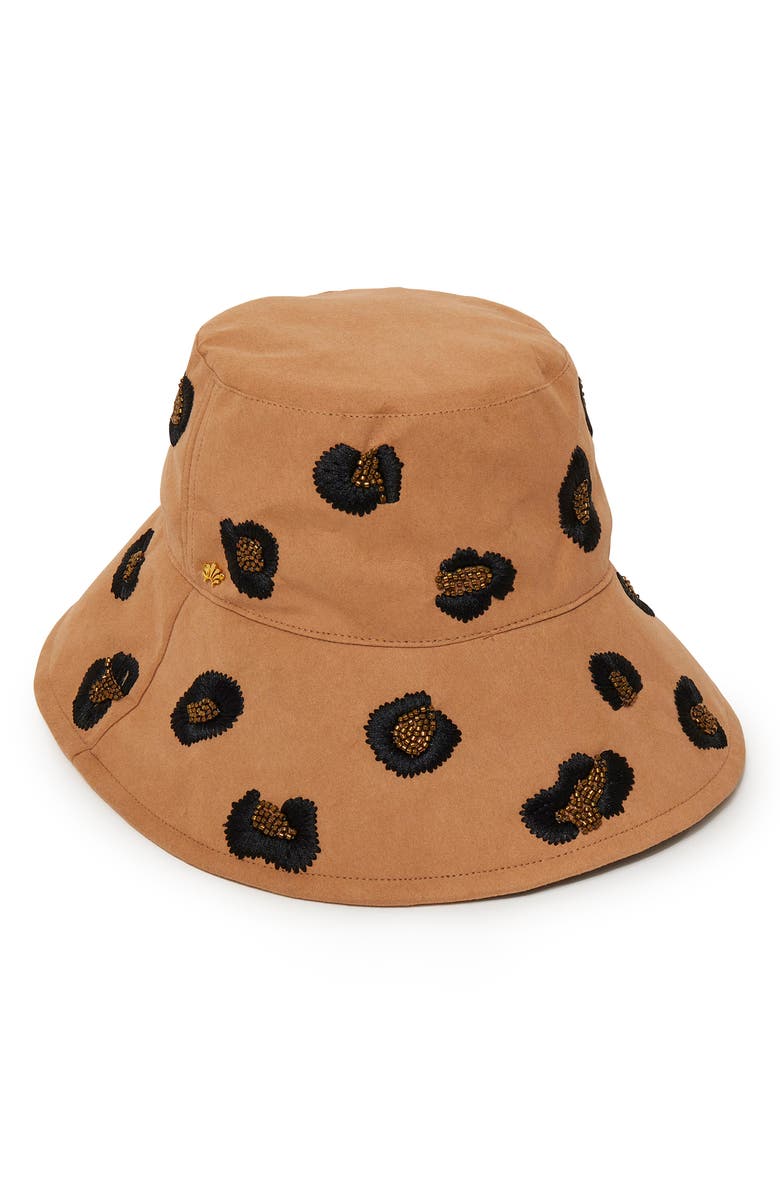 Lele Sadoughi Leopard Spot Embroidered Long Brim Bucket Hat, Main, color, Leopard