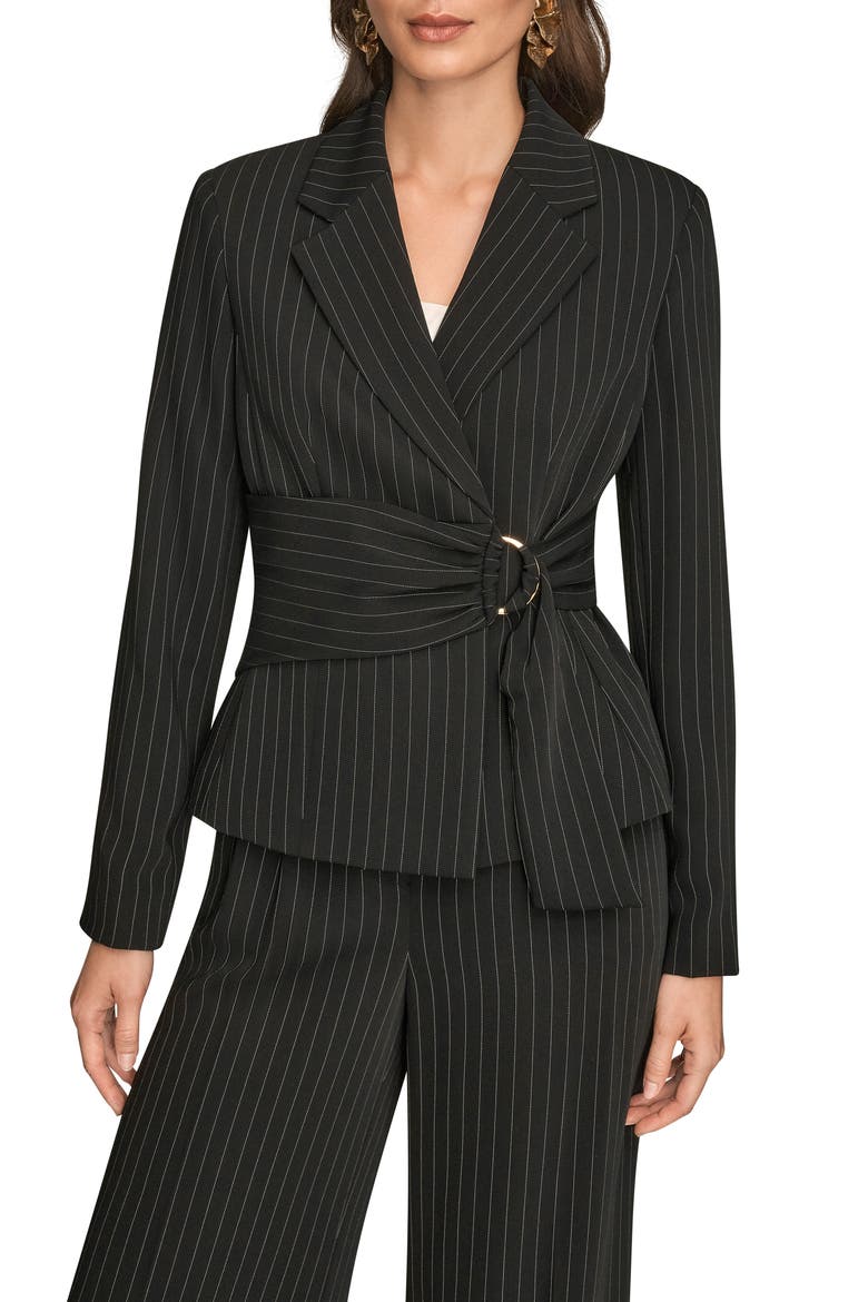 Belted D-Ring Pinstripe Blazer, Main, color, BLACK/ CREAM