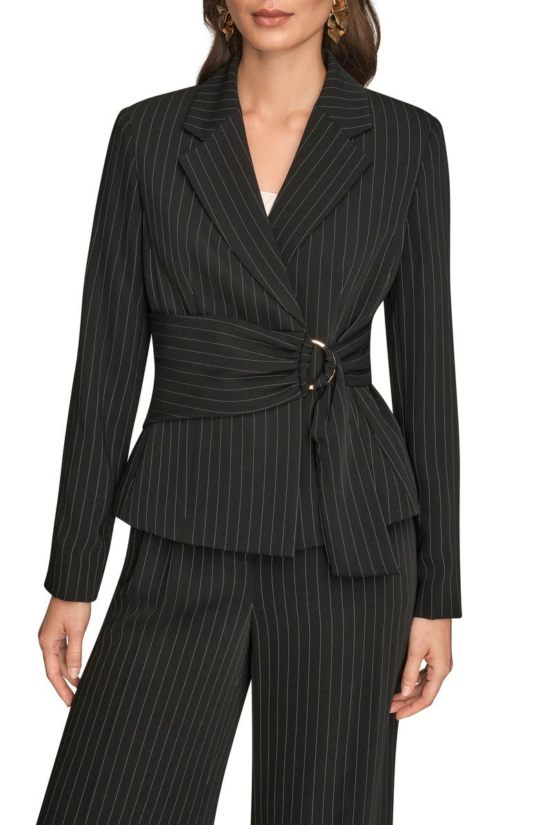 Donna Karan New York Belted D-Ring Pinstripe Blazer, Main, color, Black/ Cream
