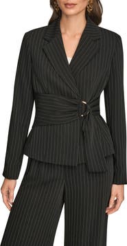 Donna Karan New York Belted D-Ring Pinstripe Blazer