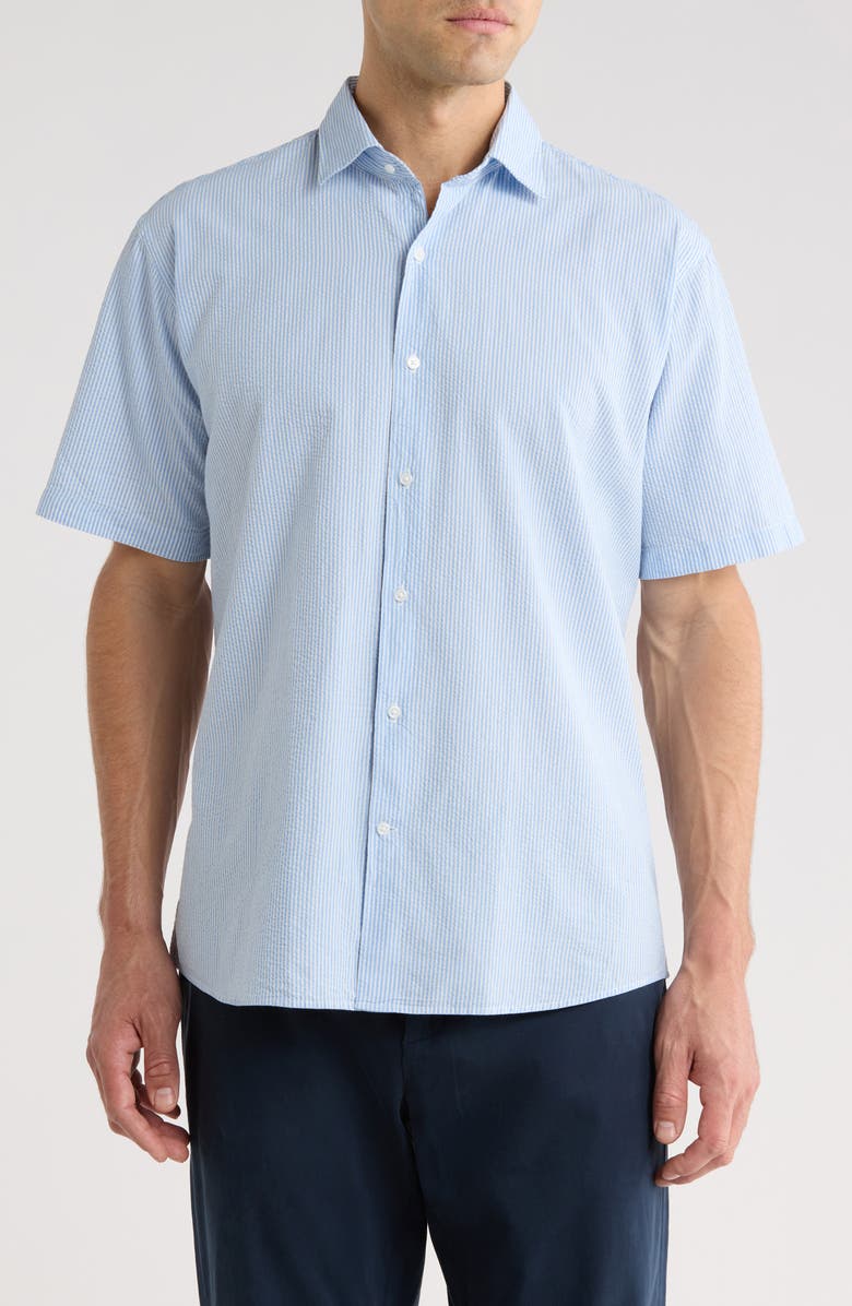 Peter Millar Coast Stripe Short Sleeve Cotton & Lyocell Seersucker Button-Up Shirt, Main, color, Bluebird