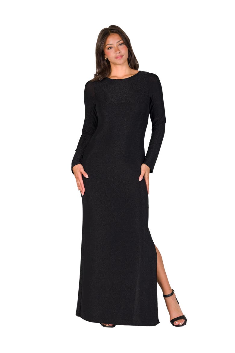 Fitted Long Sleeve Shimmery Fabric Side Slit Maxi Dress, Main, color, Black