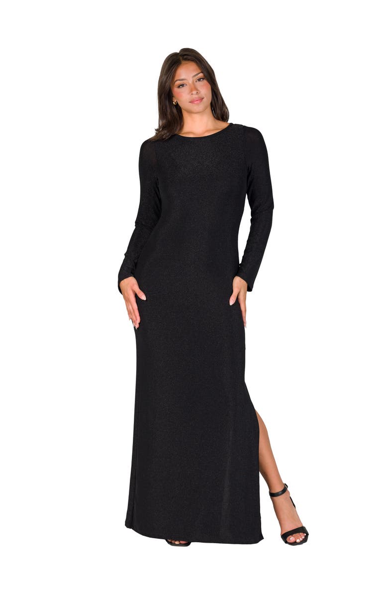 24seven Comfort Apparel Fitted Long Sleeve Shimmery Fabric Side Slit Maxi Dress, Main, color, Black