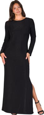 24seven Comfort Apparel Fitted Long Sleeve Shimmery Fabric Side Slit Maxi Dress