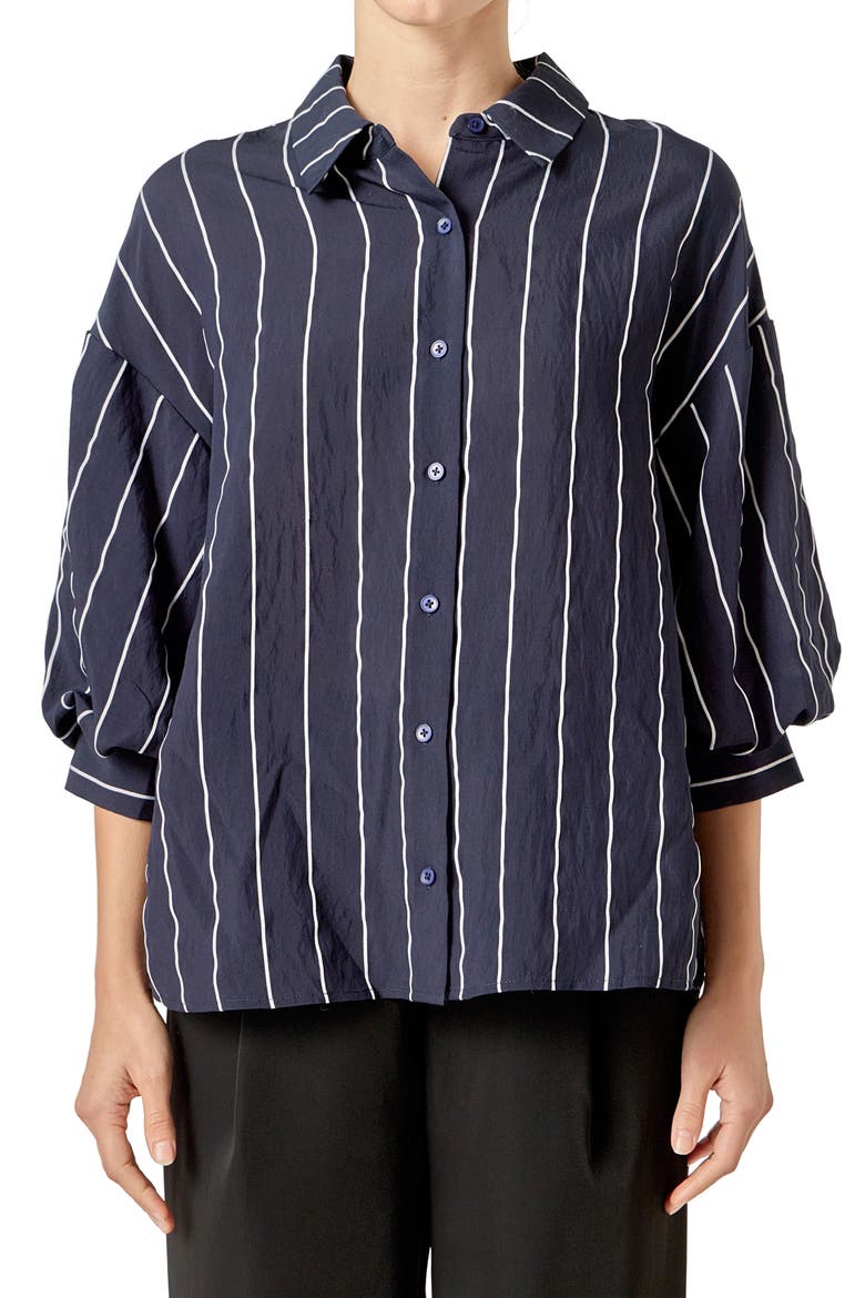 Stripe Balloon Sleeve Shirt, Alternate, color, NAVY/ WHITE