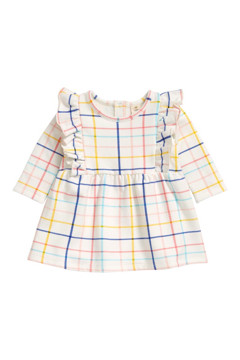 Ruffle Front Fleece Dress, Main, color, IVORY EGRET MULTI PLAID