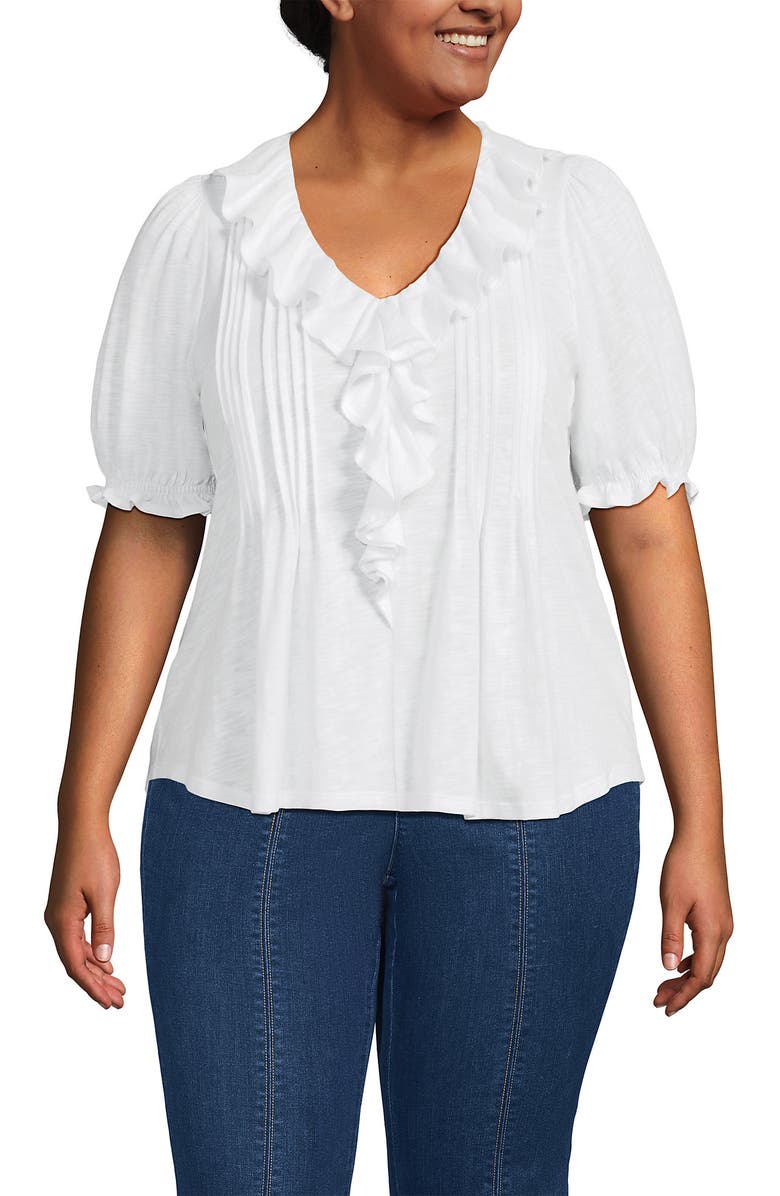Lands' End Puff Sleeve Slub Ruffle Pintuck Top, Main, color, White
