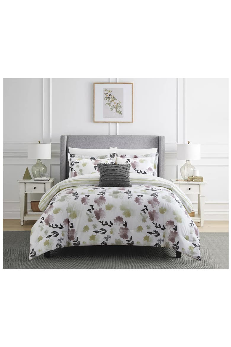 Devon Painted Watercolor Floral 3-Piece Comforter Set - Twin Size, Main, color, GREEN