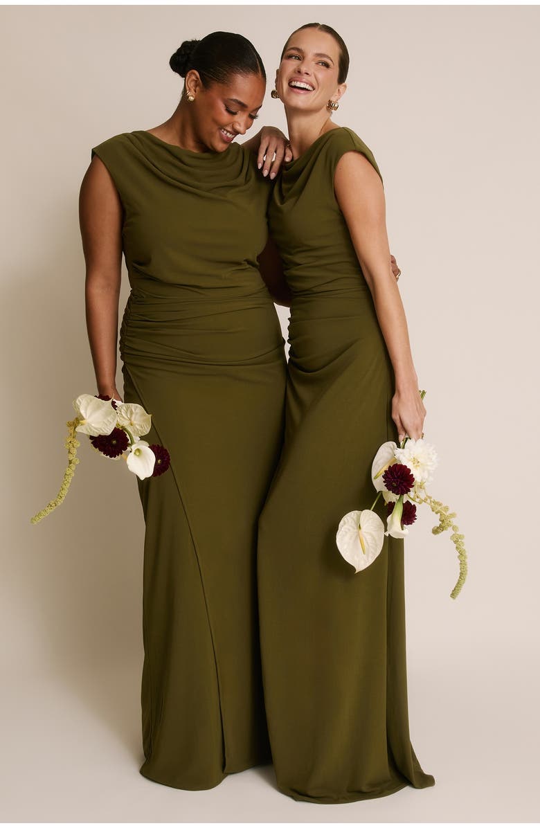 Six Stories Cowl Gathered Short Sleeve Bridesmaid, Alternate, color, Fern