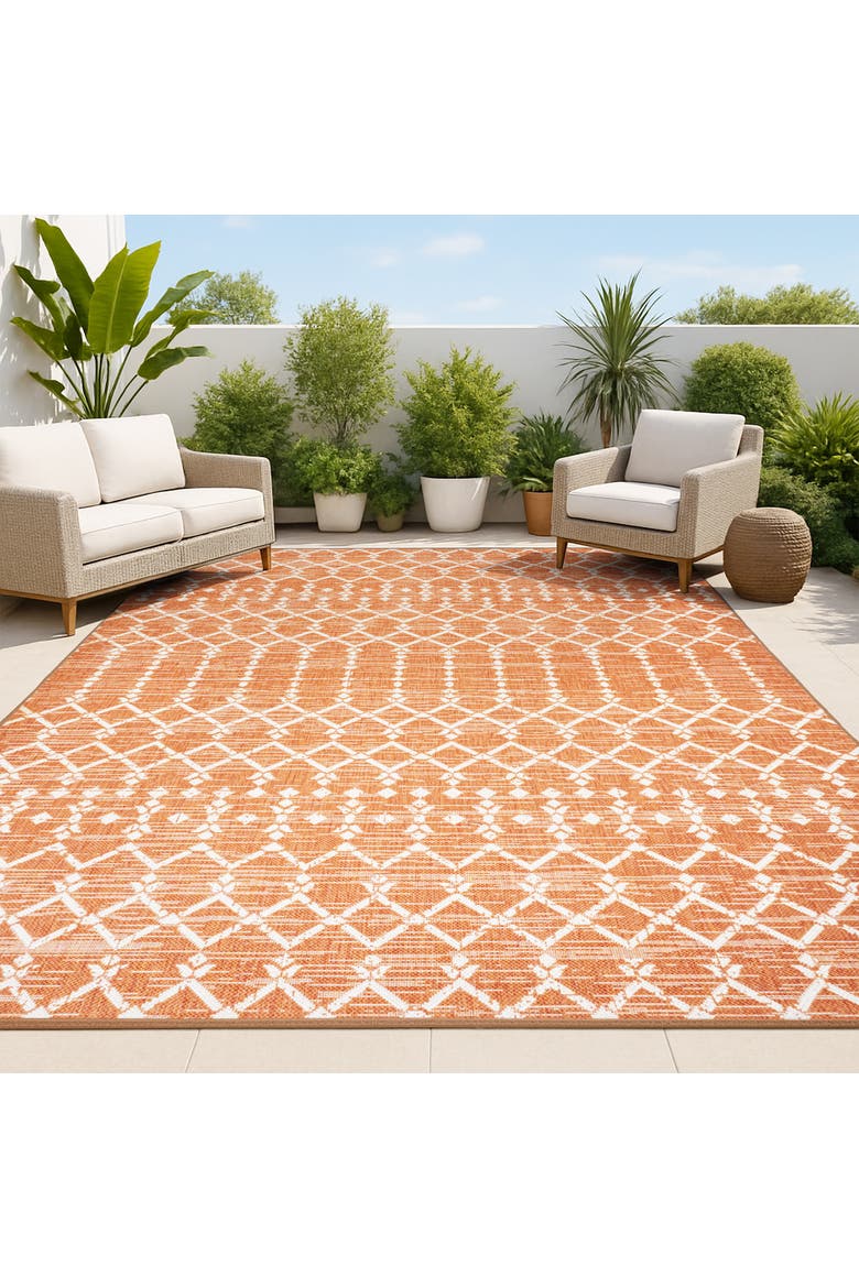 Ourika Moroccan Geometric Textured Weave Indoor/Outdoor Area Rug, Alternate, color, Orange/Cream