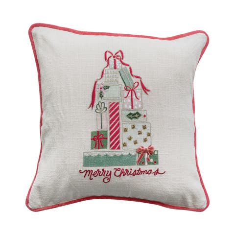 "Merry Christmas" Square Cotton Slub Printed Pillow with Gifts, Embroidery, Piping and Velvet Back, Multicolor
