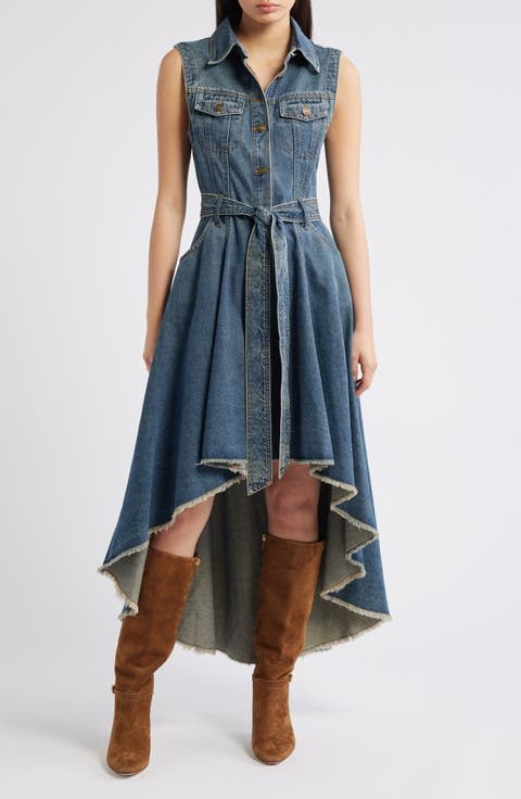 Denim Tie Waist High Low Midi Dress