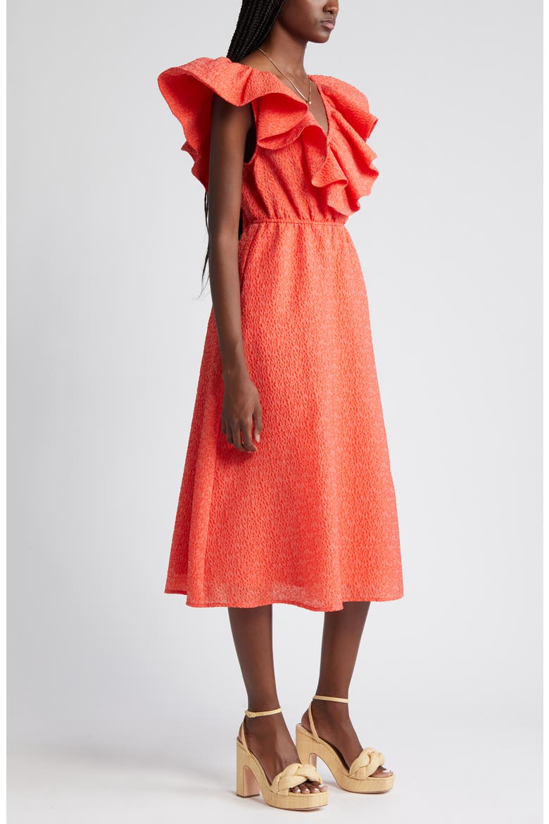 Ruffle Puckered Midi Dress, Alternate, color, RED GRENADINE