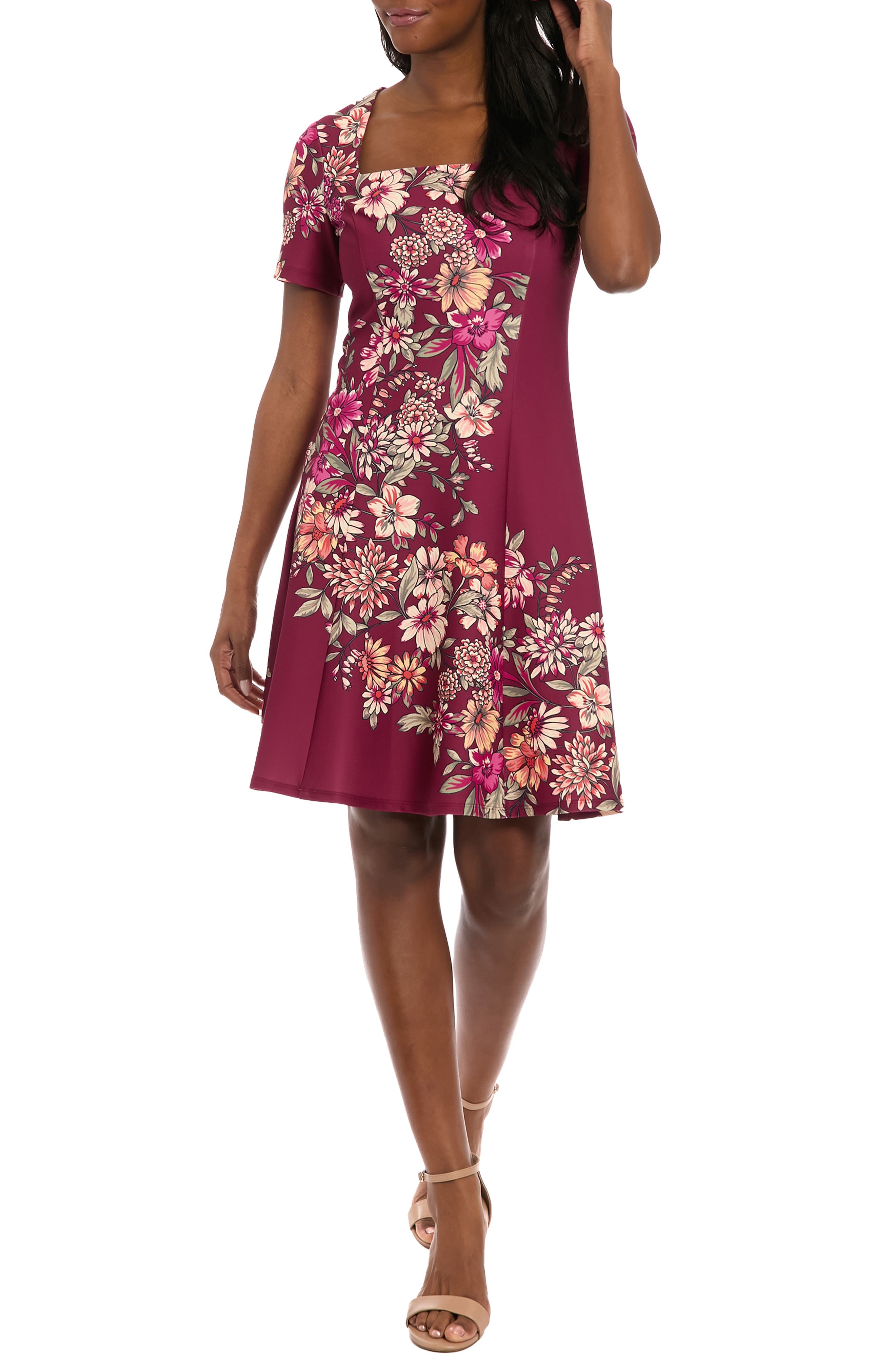 London Times Square Neck Fit & Flare Scuba Dress