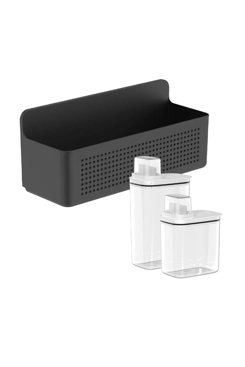 Clear Airtight 50oz & 77oz Laundry Dispenser Set with Measuring Caps and Wall Mounted Storage Basket, 3 Piece Organizer, Main, color, Black