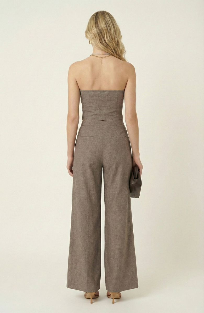 Modenaire Strapless Button-Front Crop Top and Wide-Leg Pants Two-Piece Set, Alternate, color, 