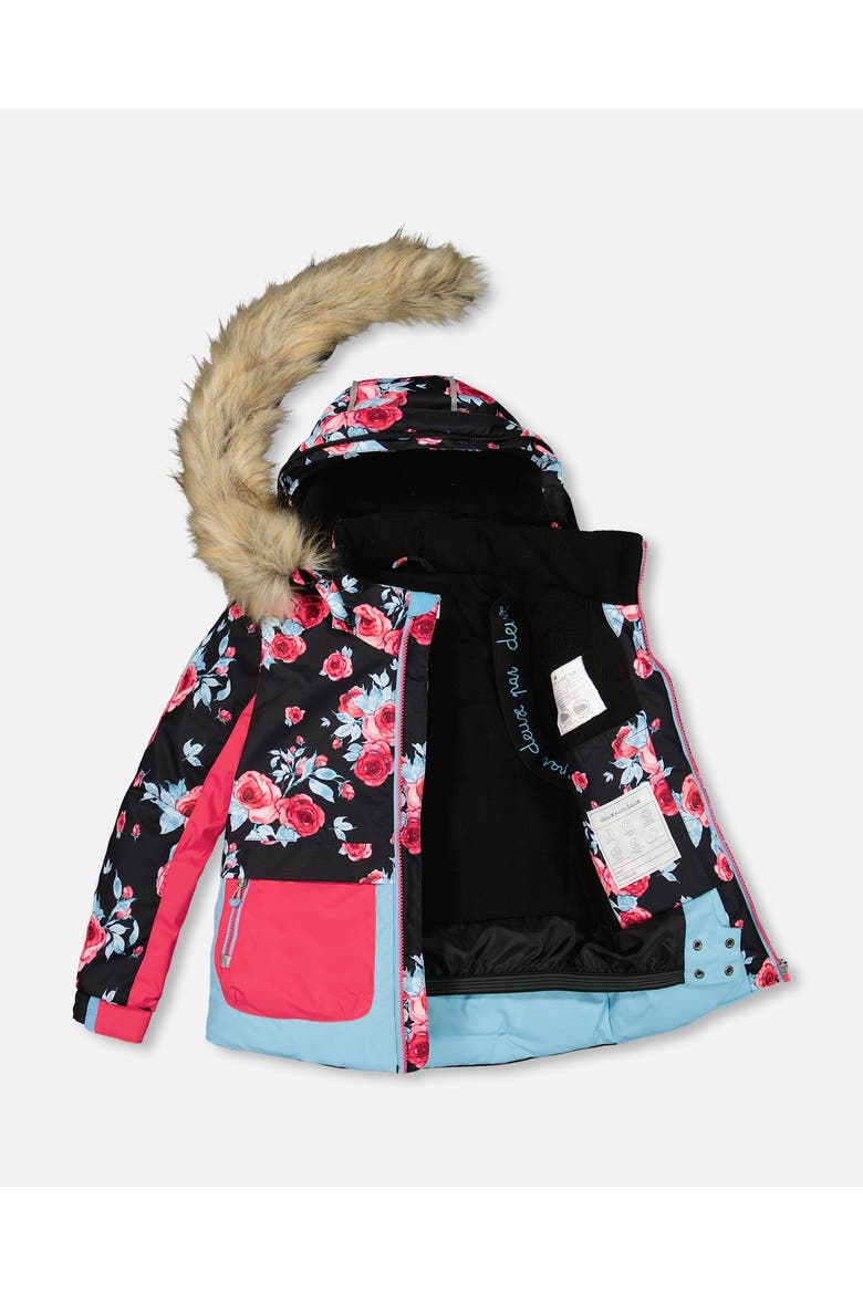 Girl's Two Piece Snowsuit Printed Roses With Solid Pant Black, Alternate, color, Anthracite