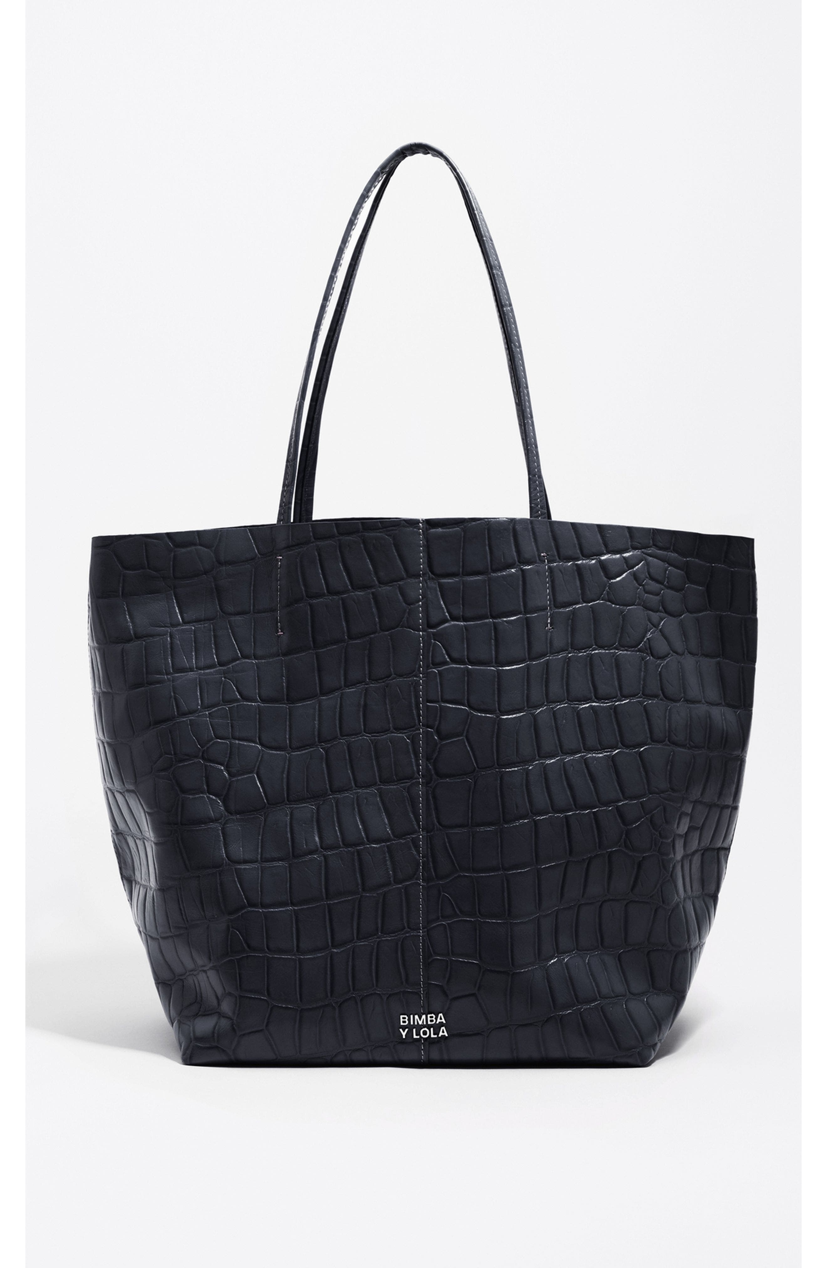 Bimba y Lola Mock Croc Large Leather Shopper Bag, Alternate, color, Petrol Blue
