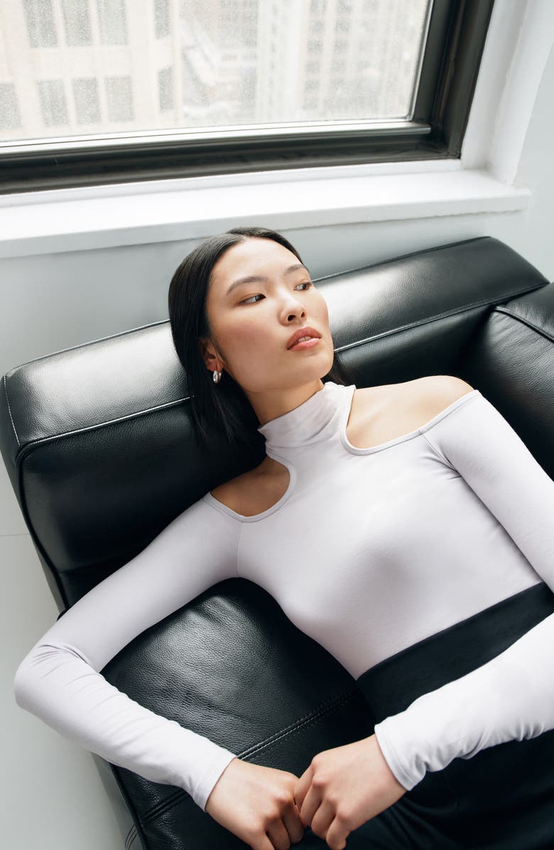 Two Lines by Marcella Cairo Cutout Mock Neck Top, Alternate, color, Storm Gray