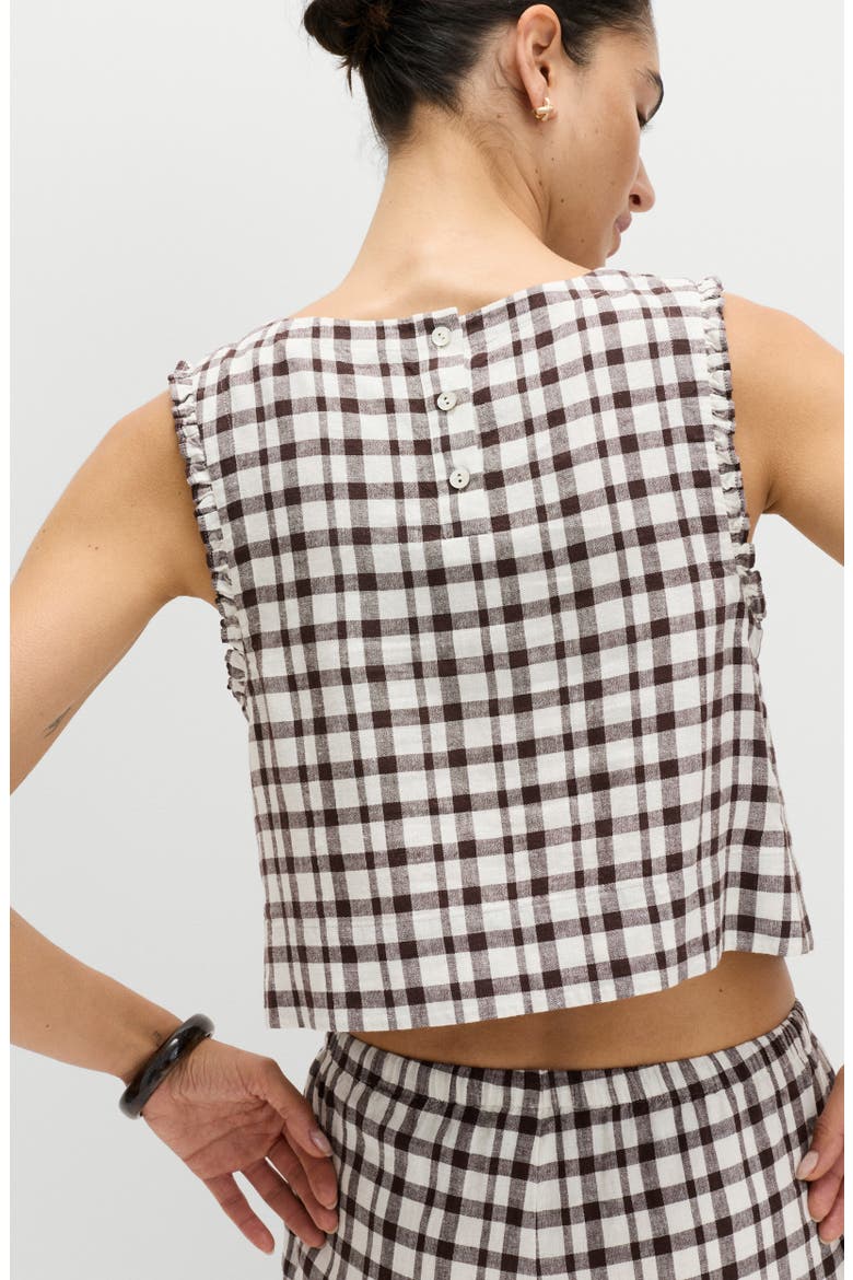 Gingham Ruffle Trim Linen Blend Crop Top, Alternate, color, BROWN/ MULTI