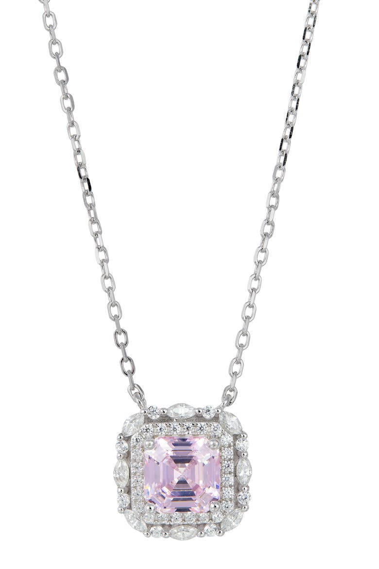 Asscher Cut Cubic Zirconia Halo Pendant Necklace, Main, color, FANCY PINK