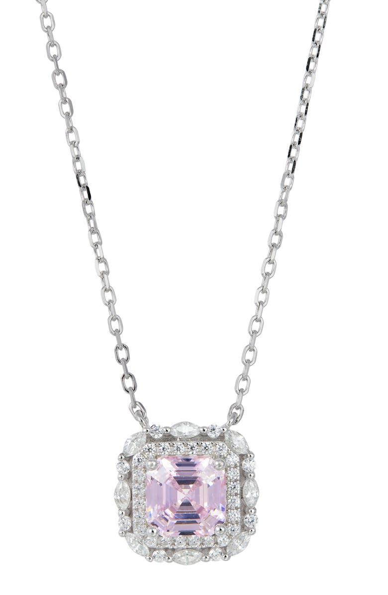 SAVVY CIE JEWELS Asscher Cut Cubic Zirconia Halo Pendant Necklace, Main, color, Fancy Pink