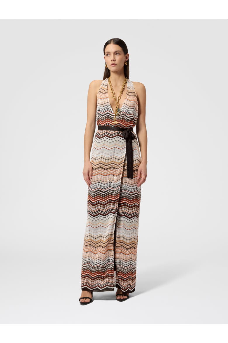 Sleeveless Long Dress In Viscose Chevron Lamé With Sequins, Alternate, color, Red & Beige